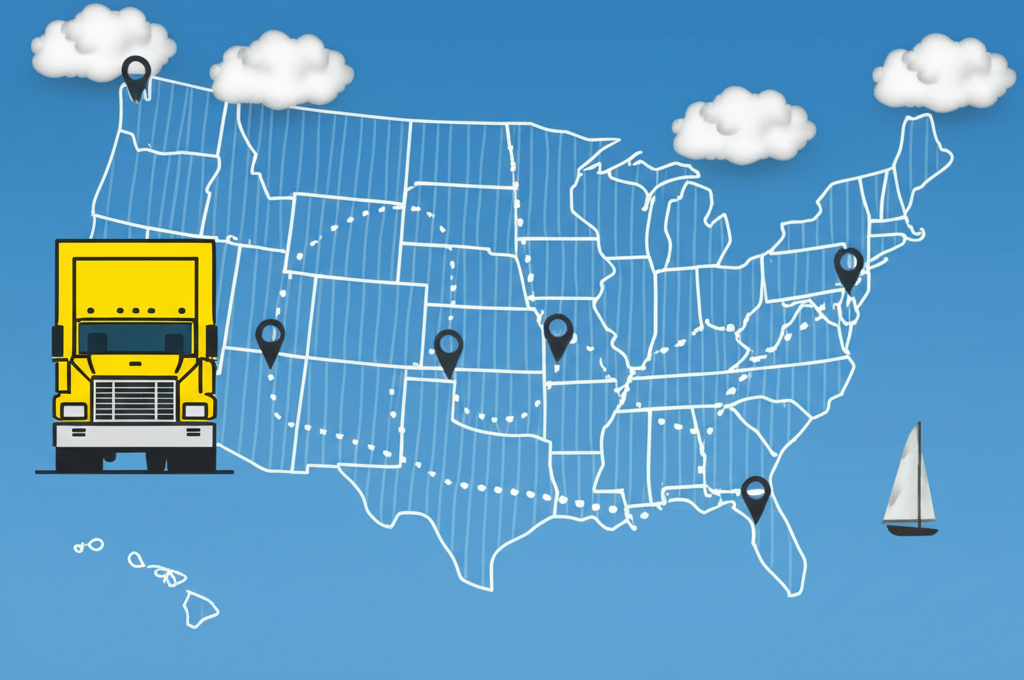 Moving truck on highway with US map showing cross-country moving service